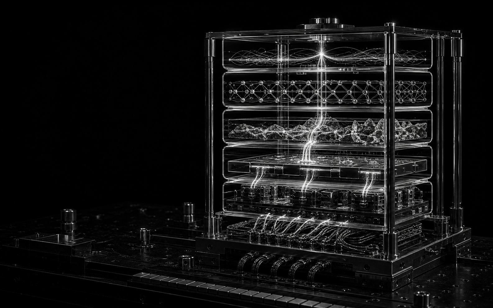 Stacked monochrome energy layers on a black technical field.