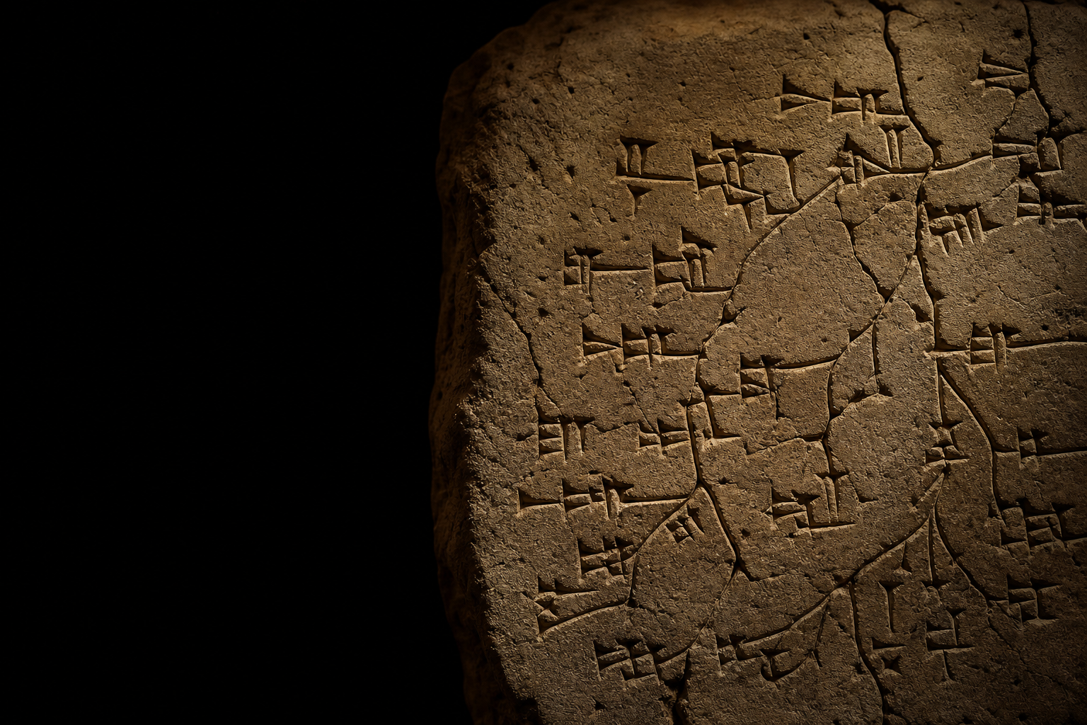 Monochrome cuneiform tablet detail on a black field.