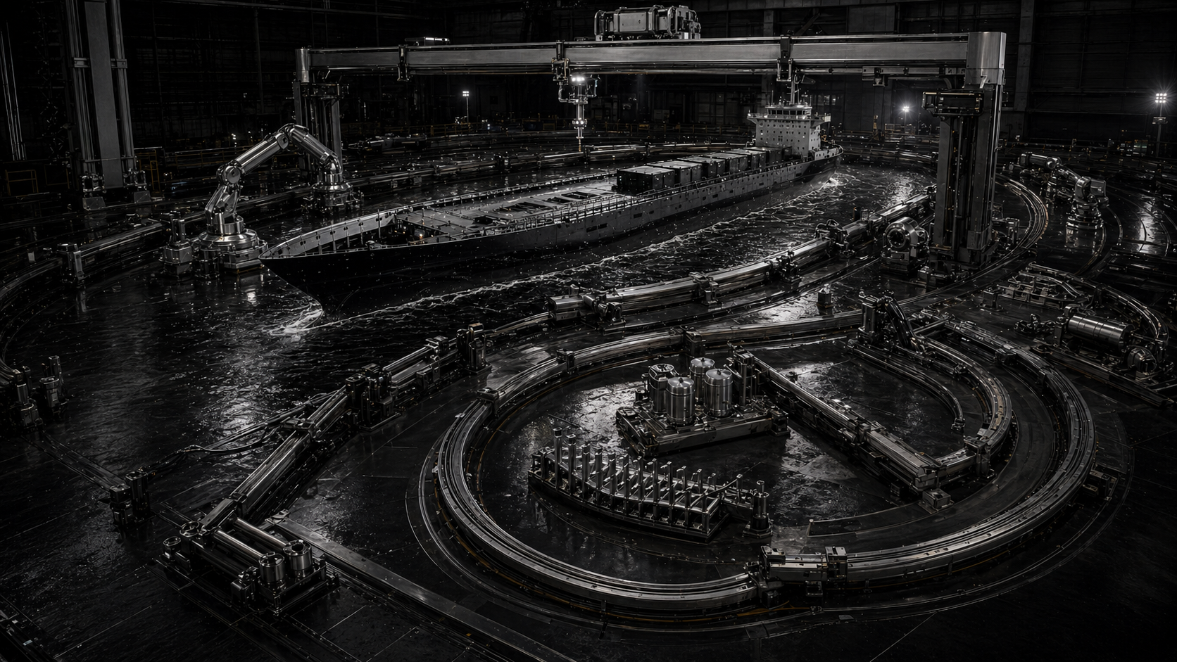 Monochrome vessel hull form on a black marine design field.