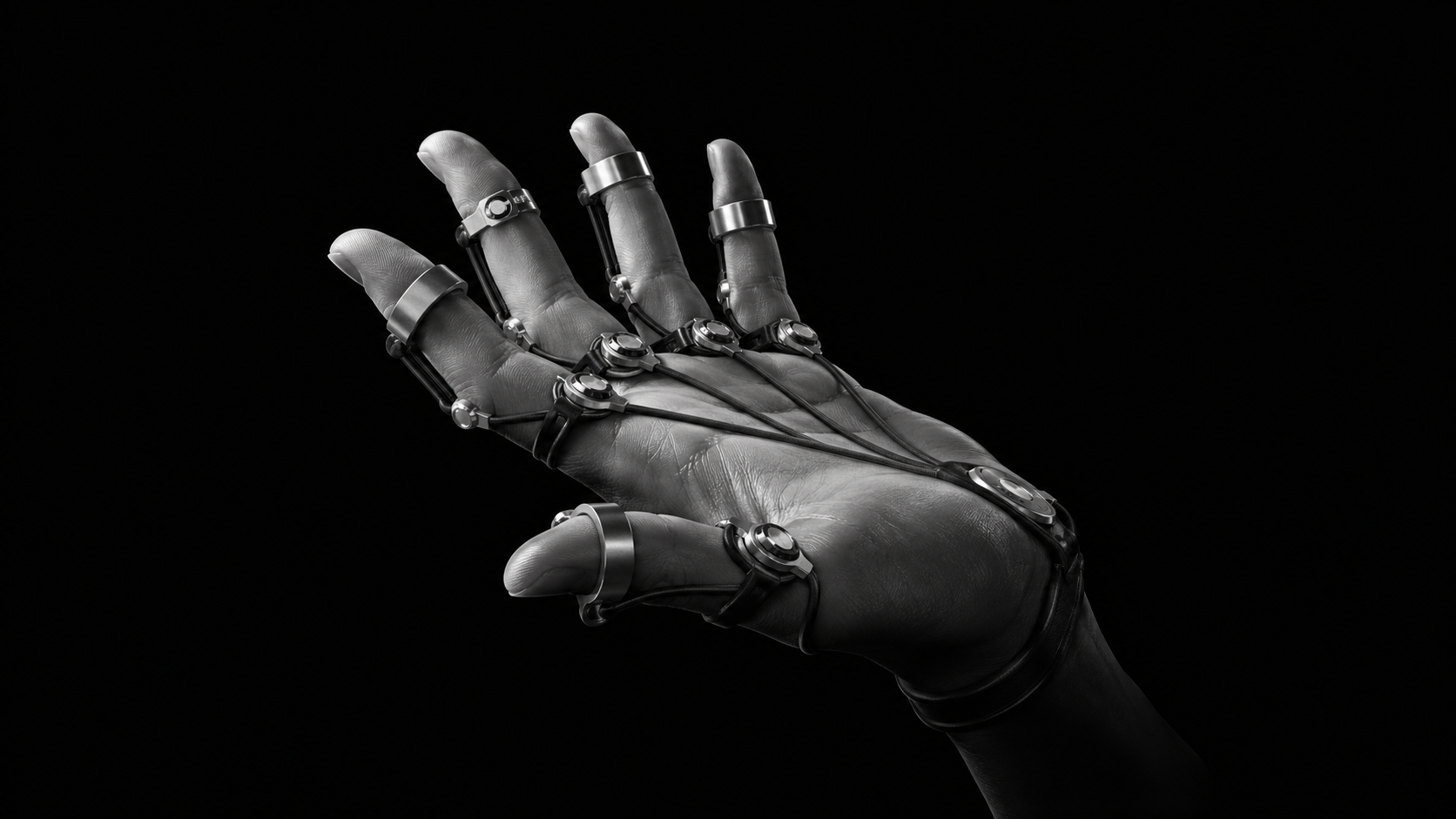 Monochrome extended-reality hand tracking rig on a black field.