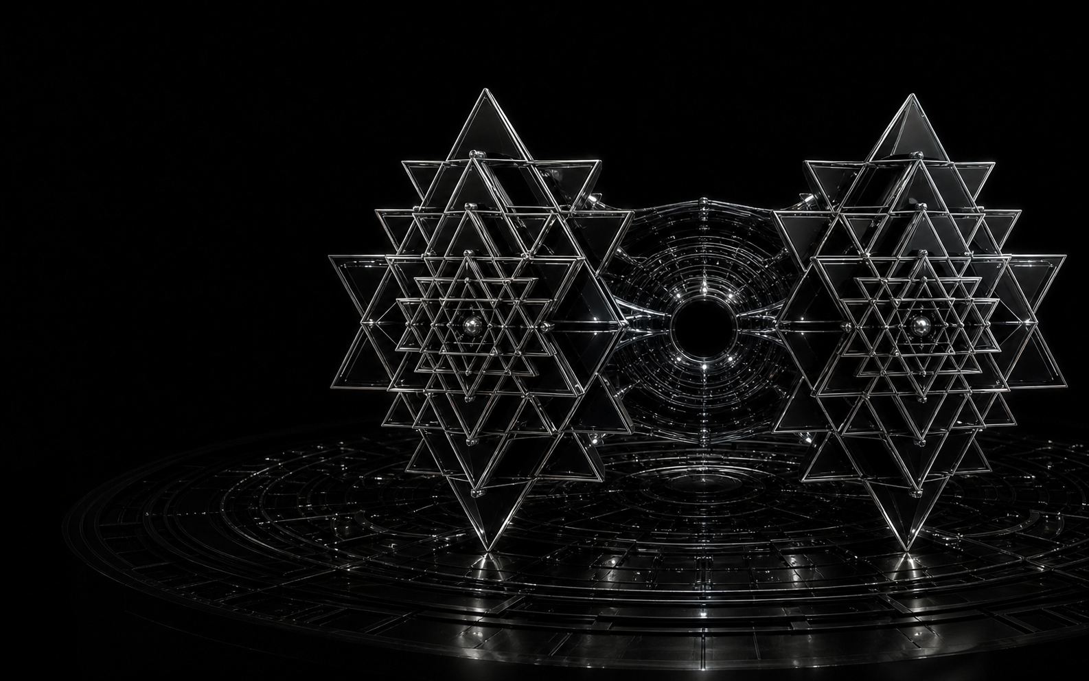 Twin monochrome Sriyantra computation lattices on a black circular platform.