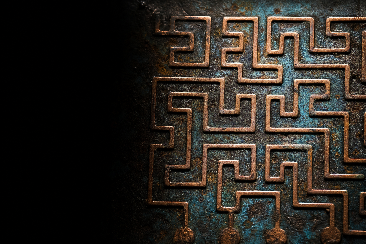 Ancient script geometry maze on a black technical field.