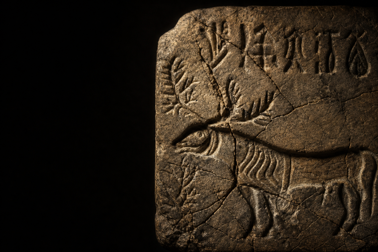 Indus script tablet fragment on a black archaeological field.