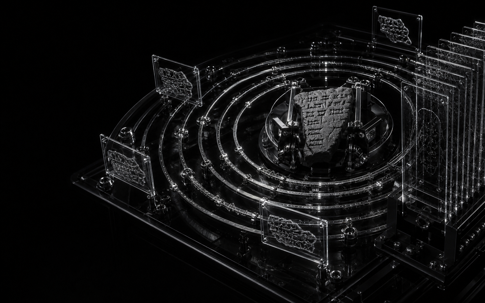 Monochrome cuneiform morphology bench with a tablet held in a circular analysis apparatus.