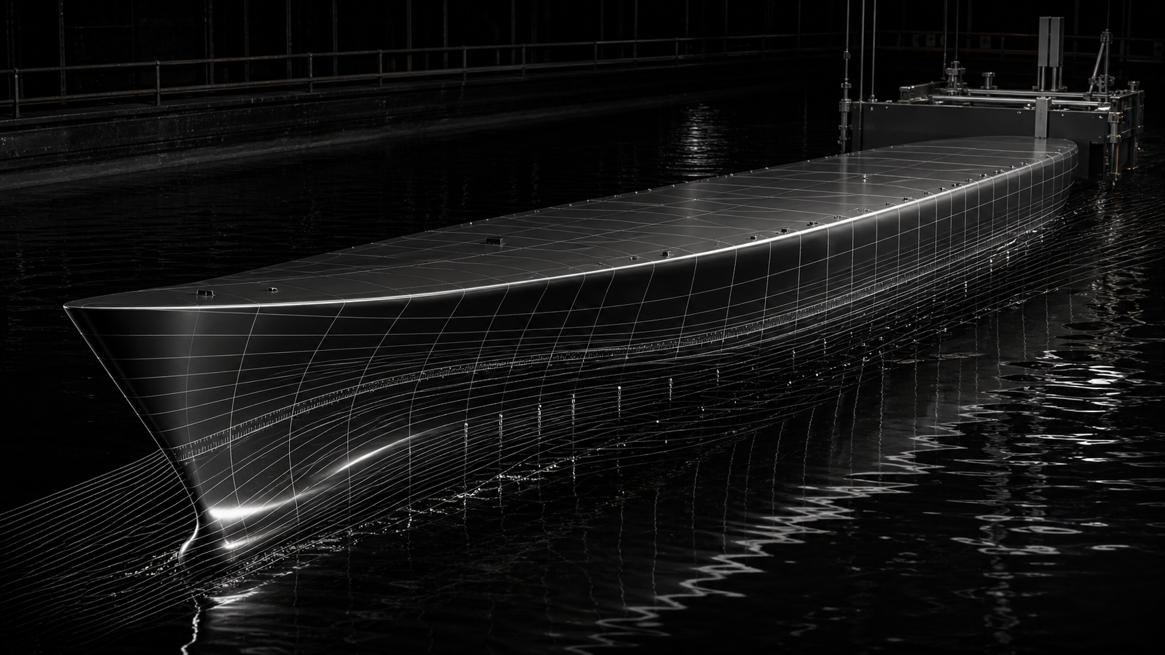 Monochrome Hull-20098 vessel model in a dark proving tank.