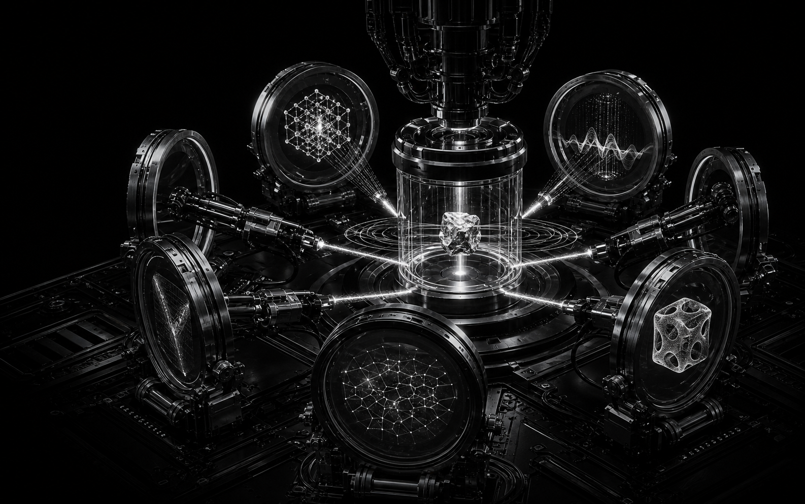 Monochrome converged materials workbench chamber with radial analysis ports.