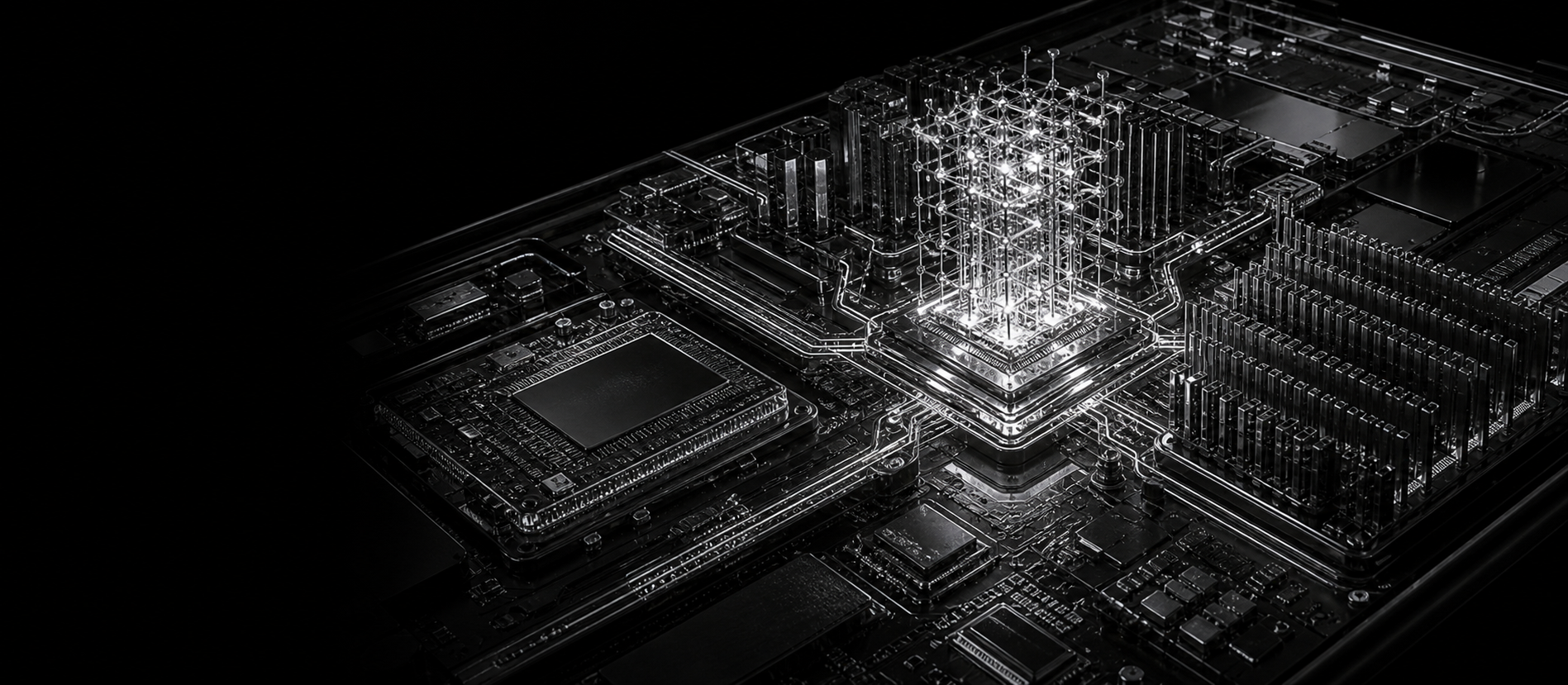 Monochrome mobile training lattice rising from a phone-scale compute board.