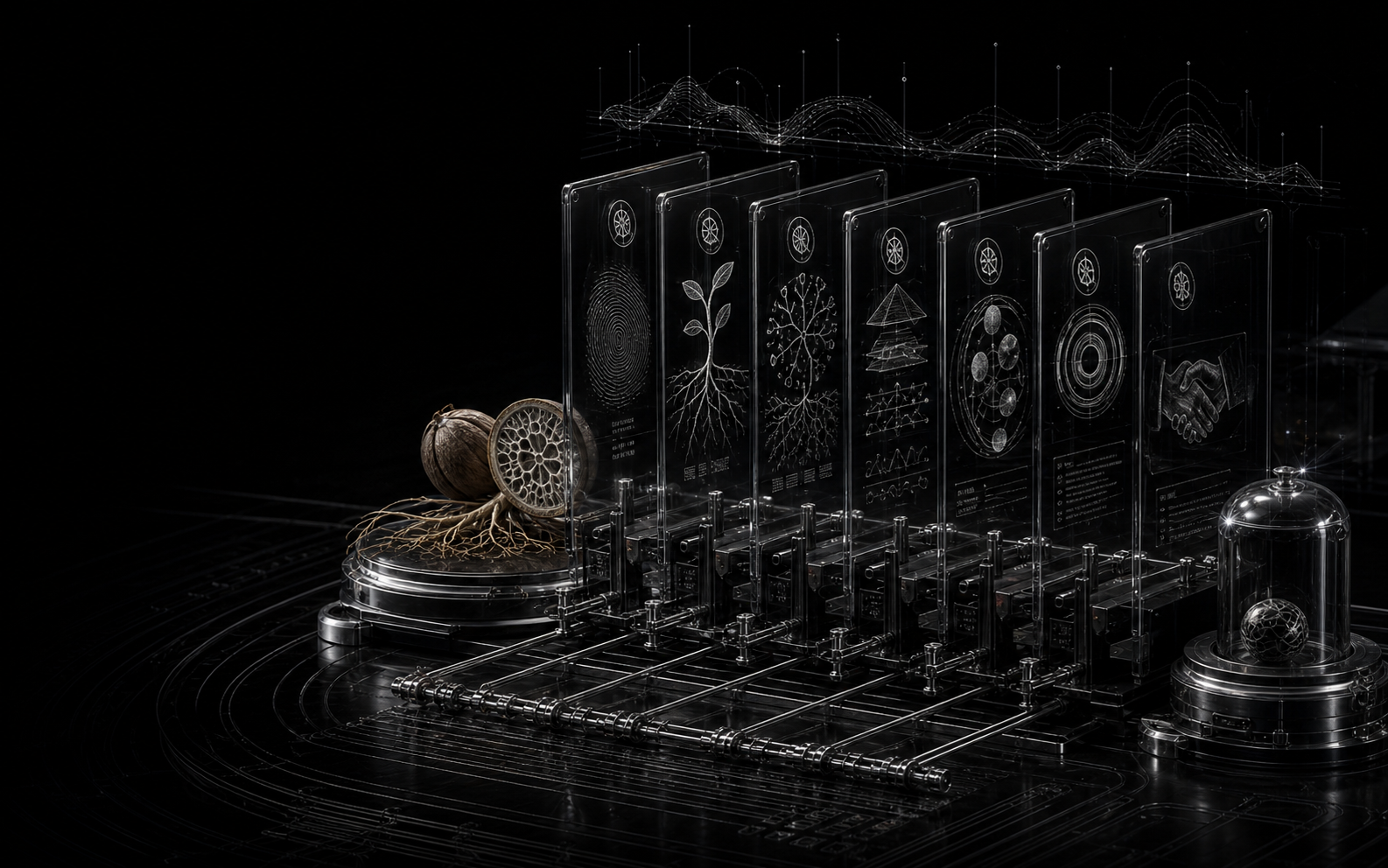 Monochrome crop-genomics dossier apparatus with seed, root, and transparent analysis panels.