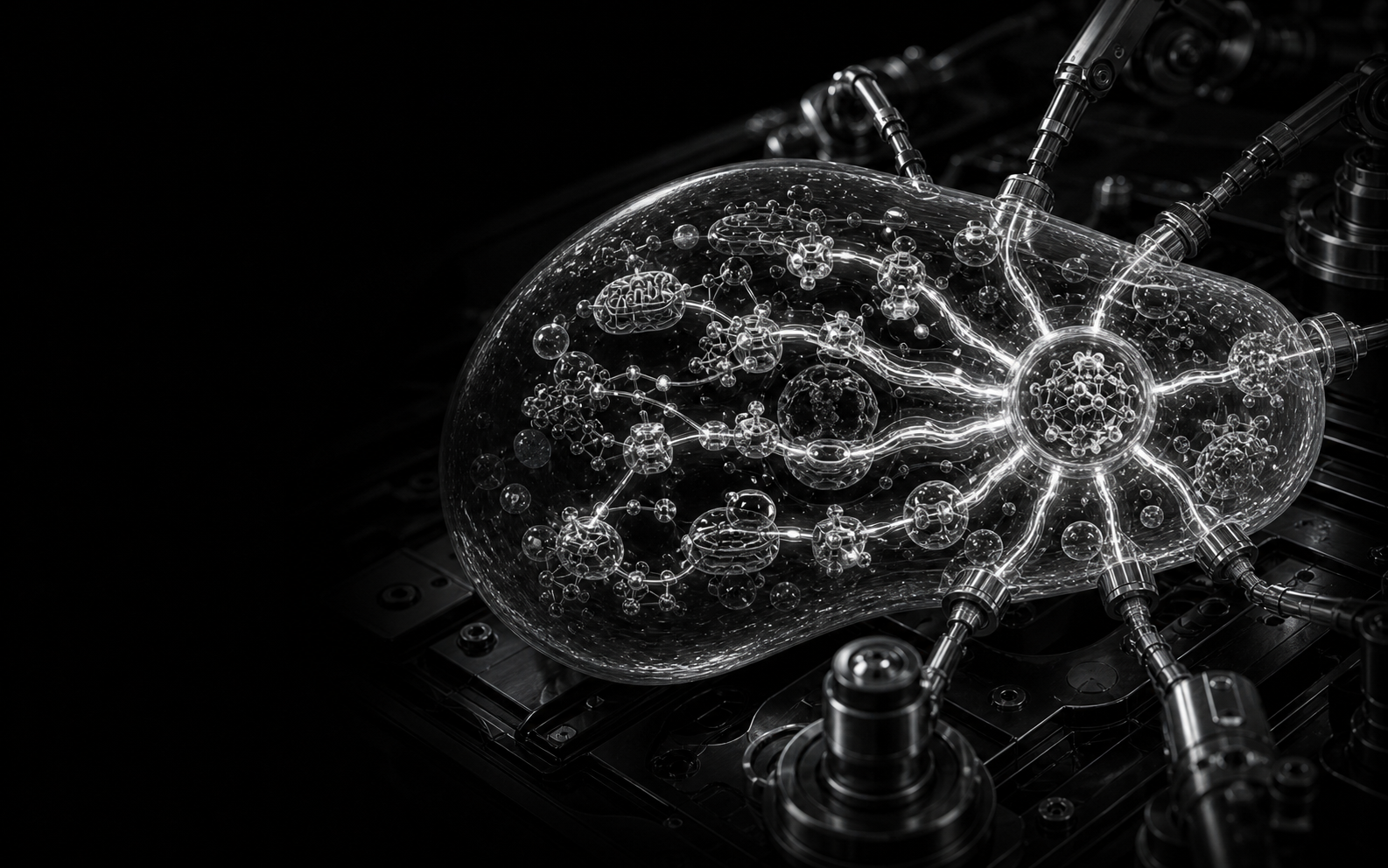 Monochrome synthetic biology cell pathway chamber with molecular networks.