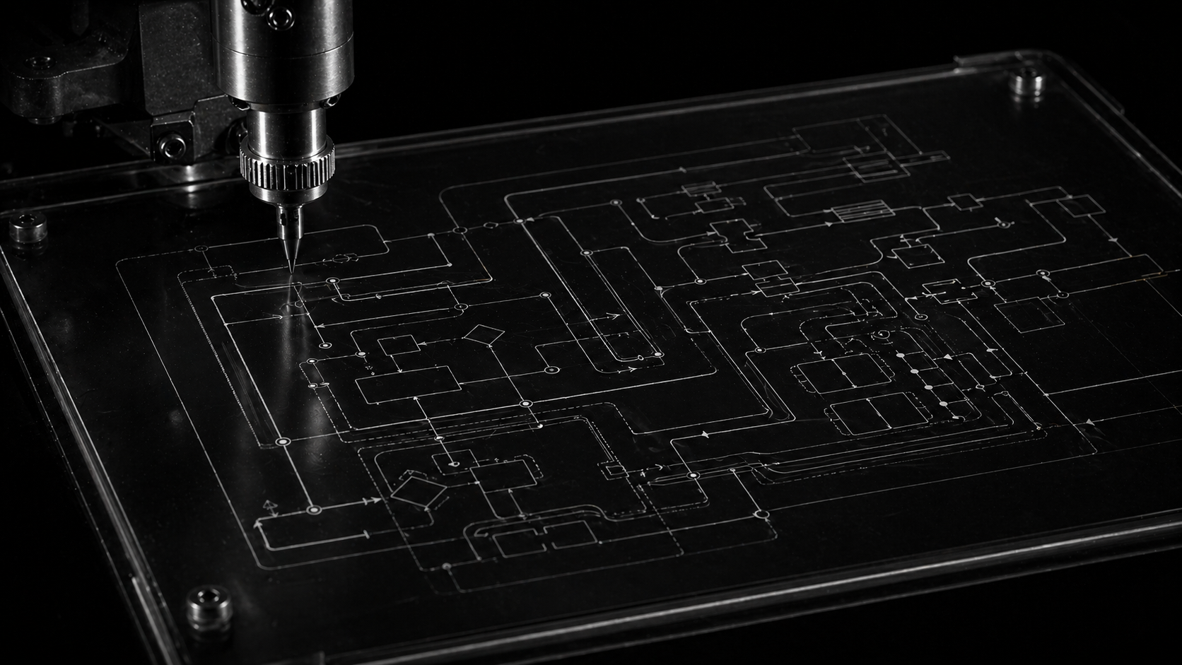 Mechanical plotter tracing diagram geometry on a black surface.