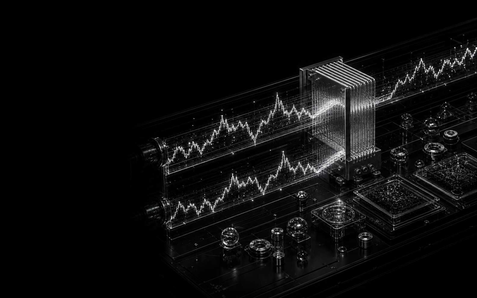 Monochrome financial tick-stream apparatus with market traces passing through a transparent compressor.