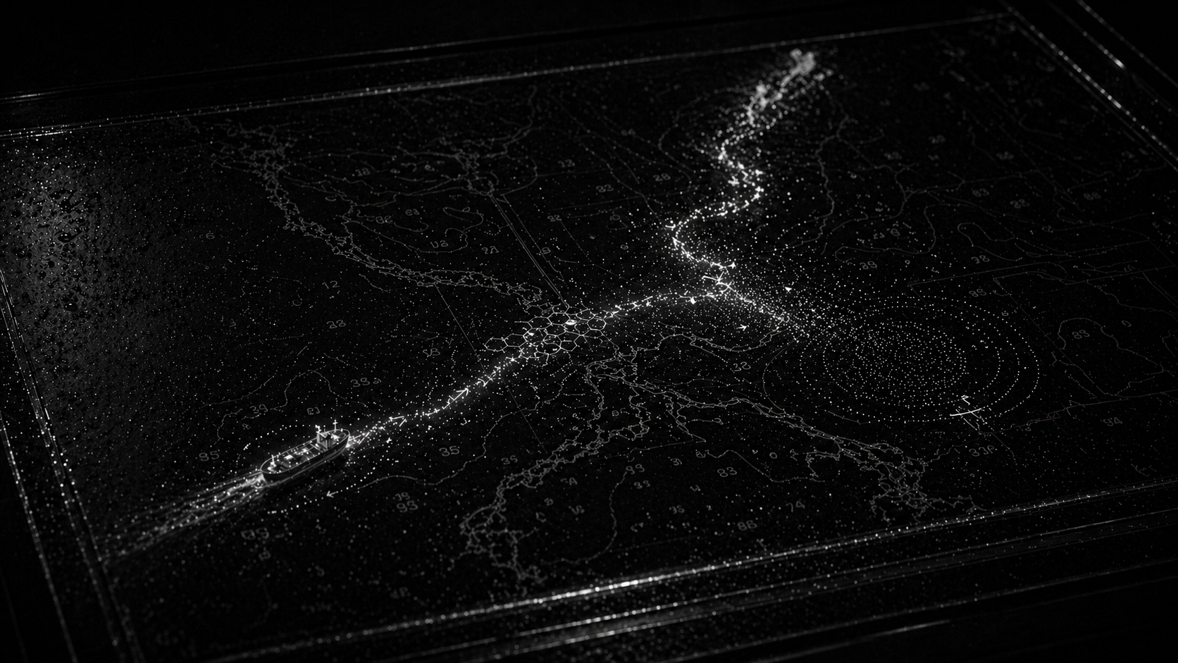 Monochrome trajectory path map on a black geospatial field.