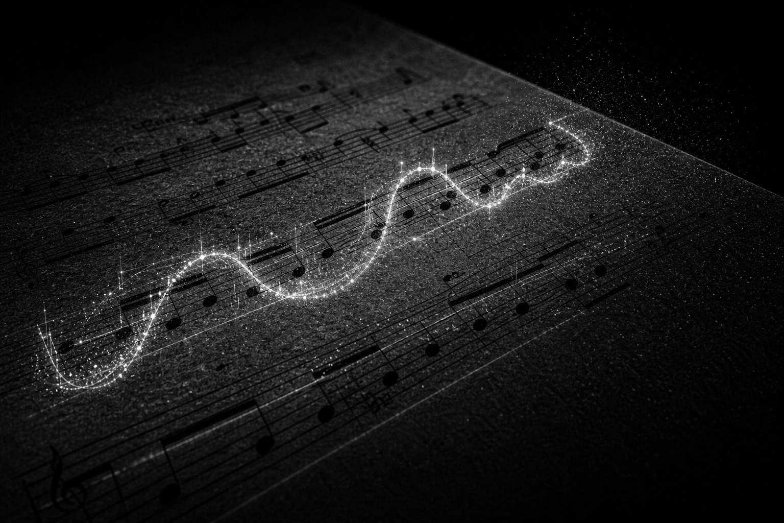 Monochrome music score and encoded waveform with labels removed.