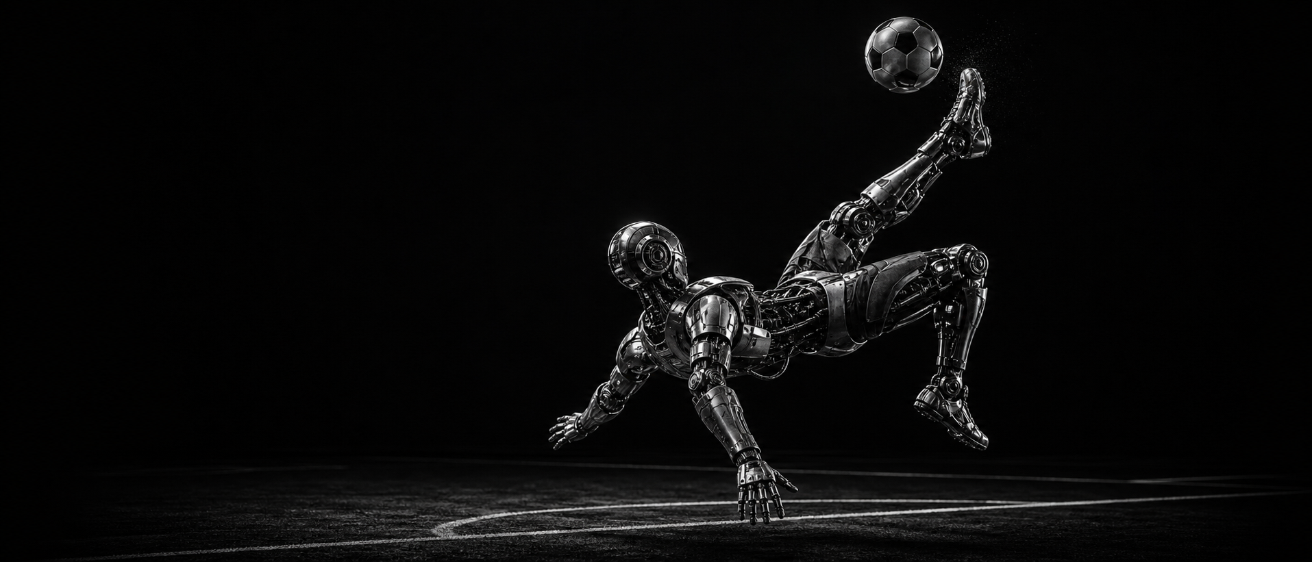 Monochrome humanoid robot learning athletic motion on a black field.