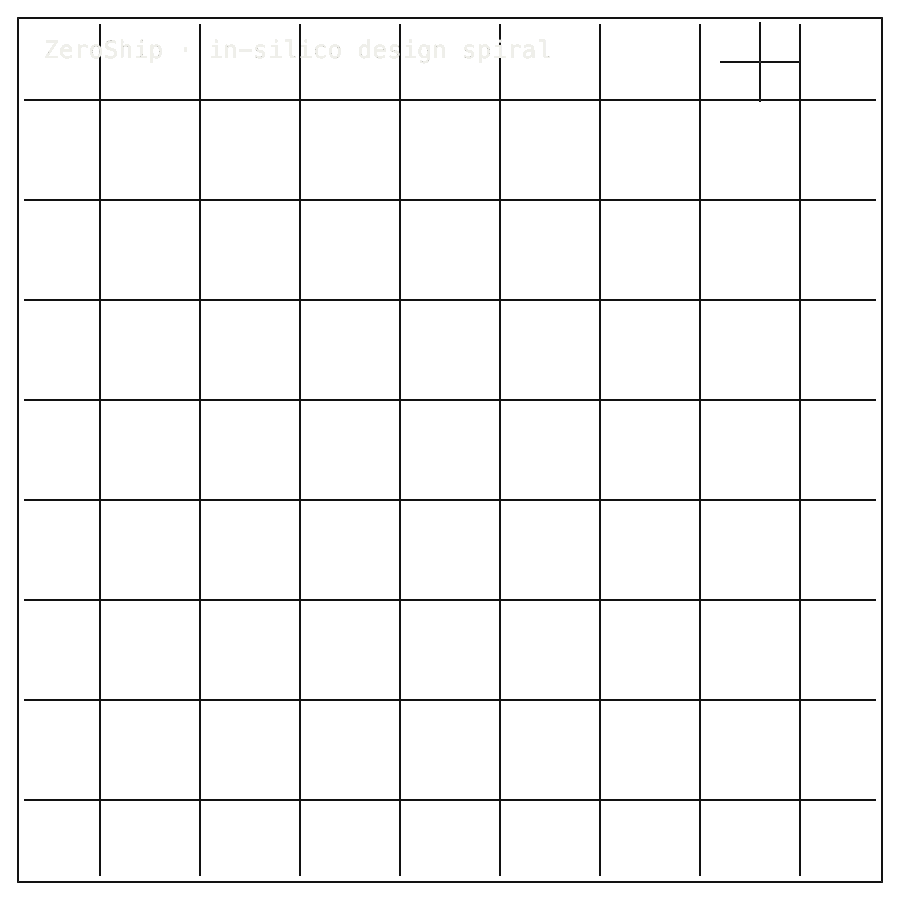 ZeroShip approved scientific square mechanics diagram showing in-silico design-spiral mechanics.