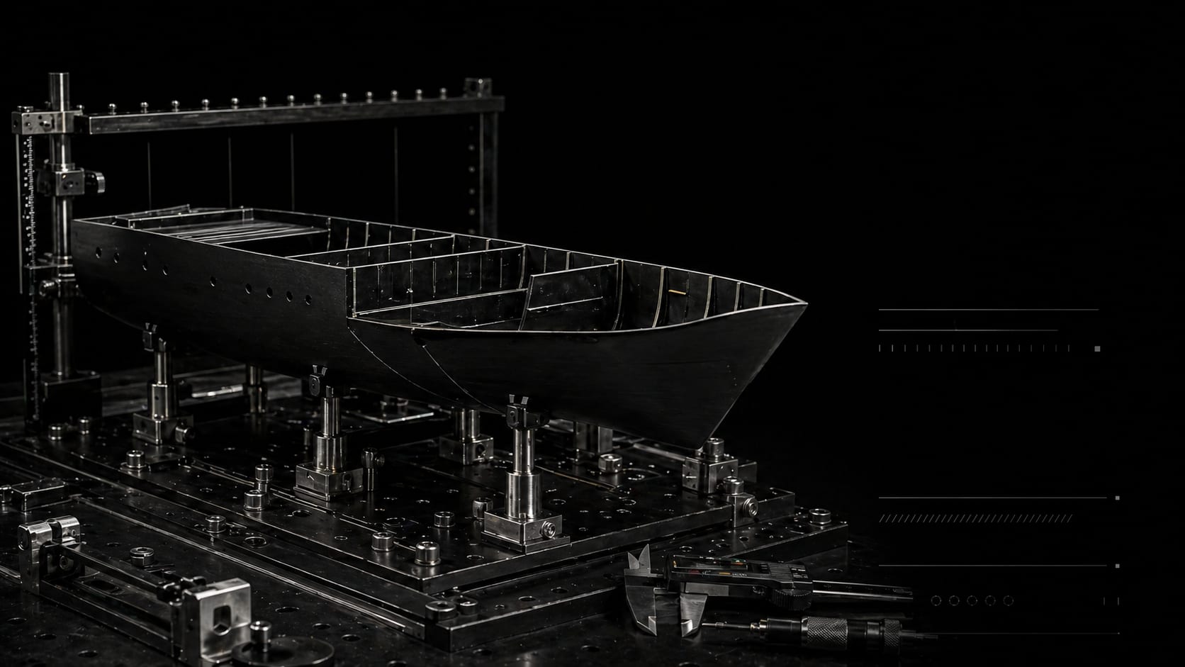 Black scale hull section held on a precision marine design metrology bench.