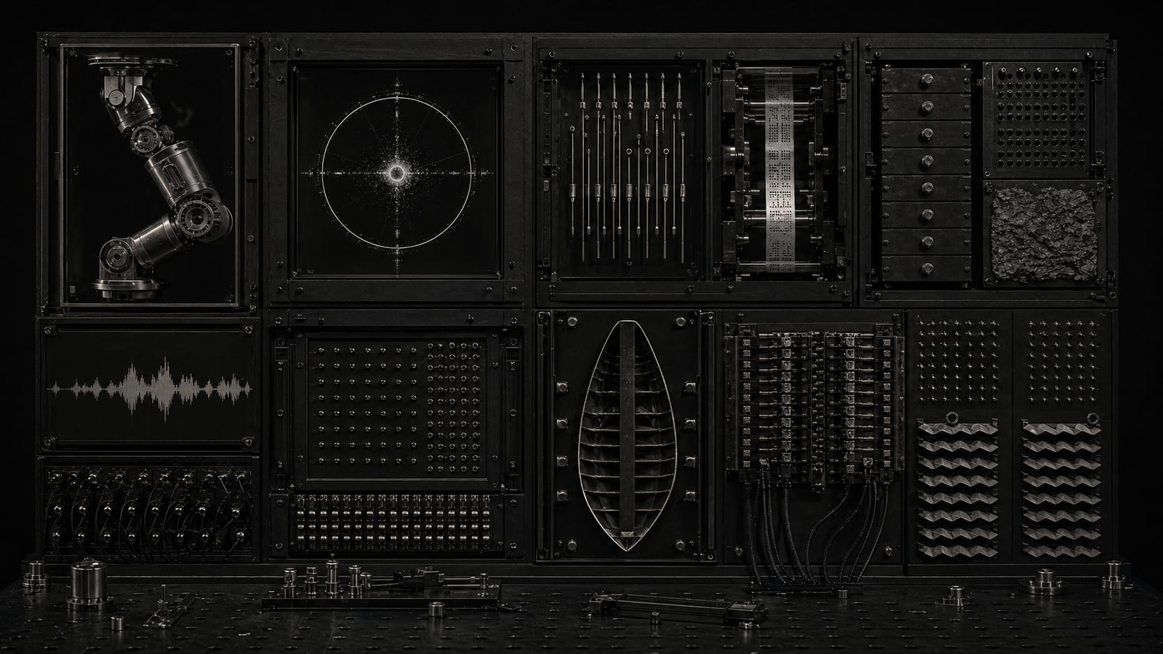 Black wall of lab evidence modules with robotic, acoustic, receipt, and hull panels.
