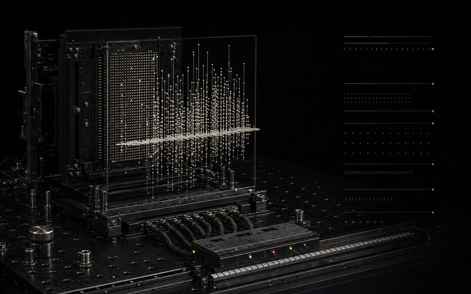 Black neural event stage with electrode matrix and suspended spike field.